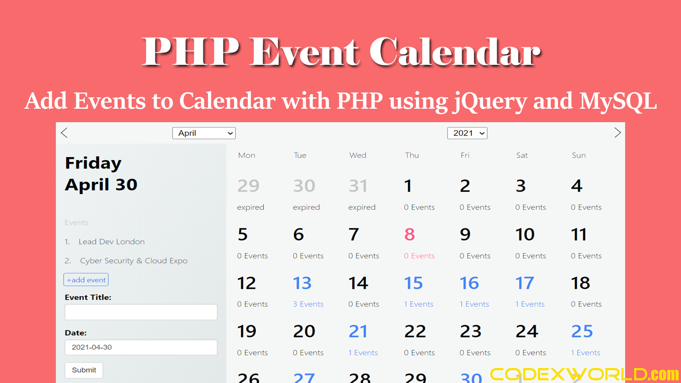 PHP Event Calendar Add Events to Calendar using jQuery and Ajax